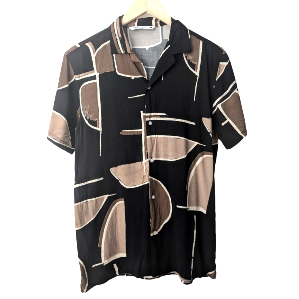 Zara Men's Flowy Button Down Short Sleeve Shirt Abstract Print Black, Size M